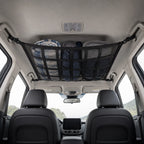 Overhead cargo net installed in an SUV with soft travel gear stored above clear seats