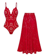 Flower Hollow One Piece Swimsuit and Skirt