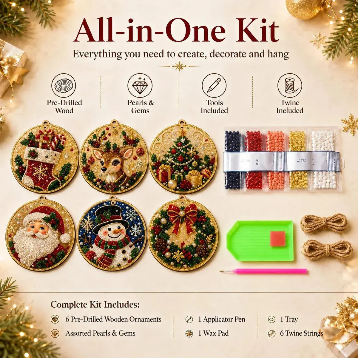 🎄 Wooden DIY Diamond Painting Christmas Ornament Set (6-Piece Set)