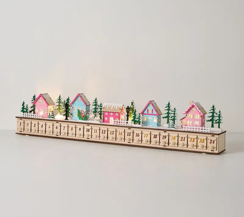 🎄 Wooden Village Advent Calendar with LED Lights — 100% Natural Polished Wood 🏠