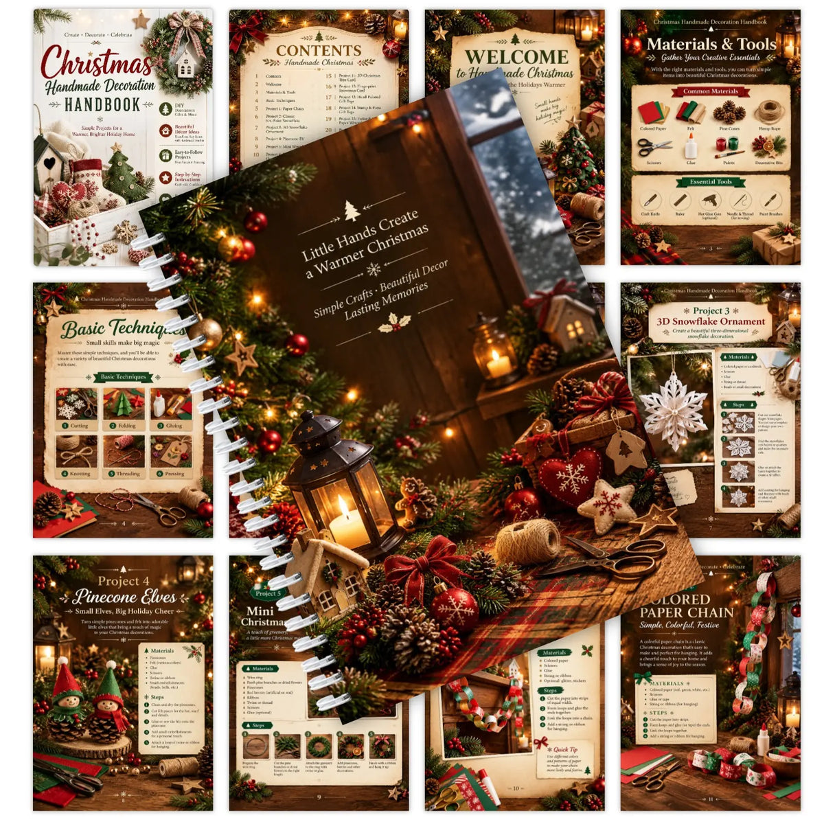 Christmas Handmade Decoration Handbook, Spiral DIY Craft Book with 22 Projects
