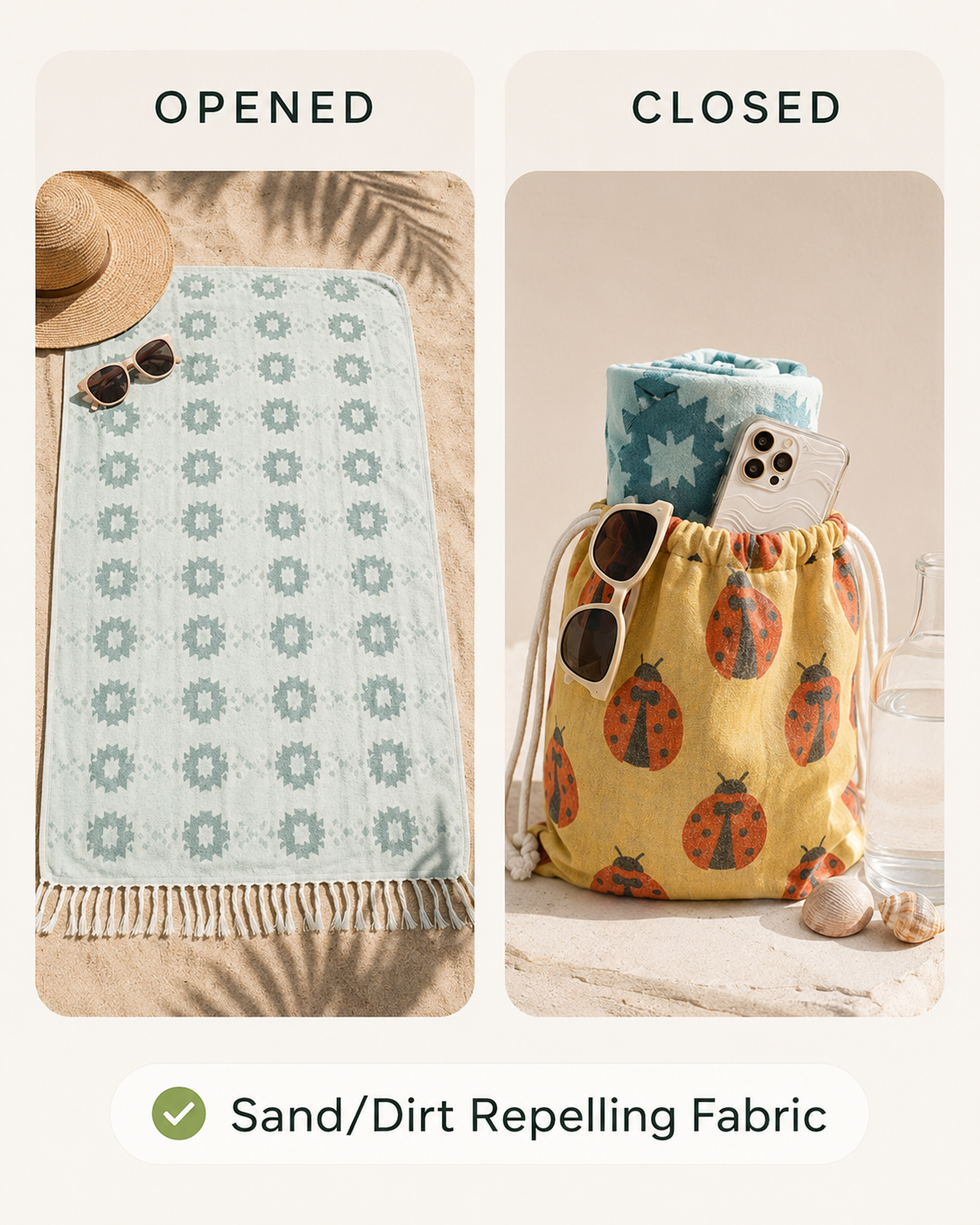 🏖️2-in-1 Turkish Cotton Towel Bag with Inner Zip Pocket & Sand-Repelling Fabric