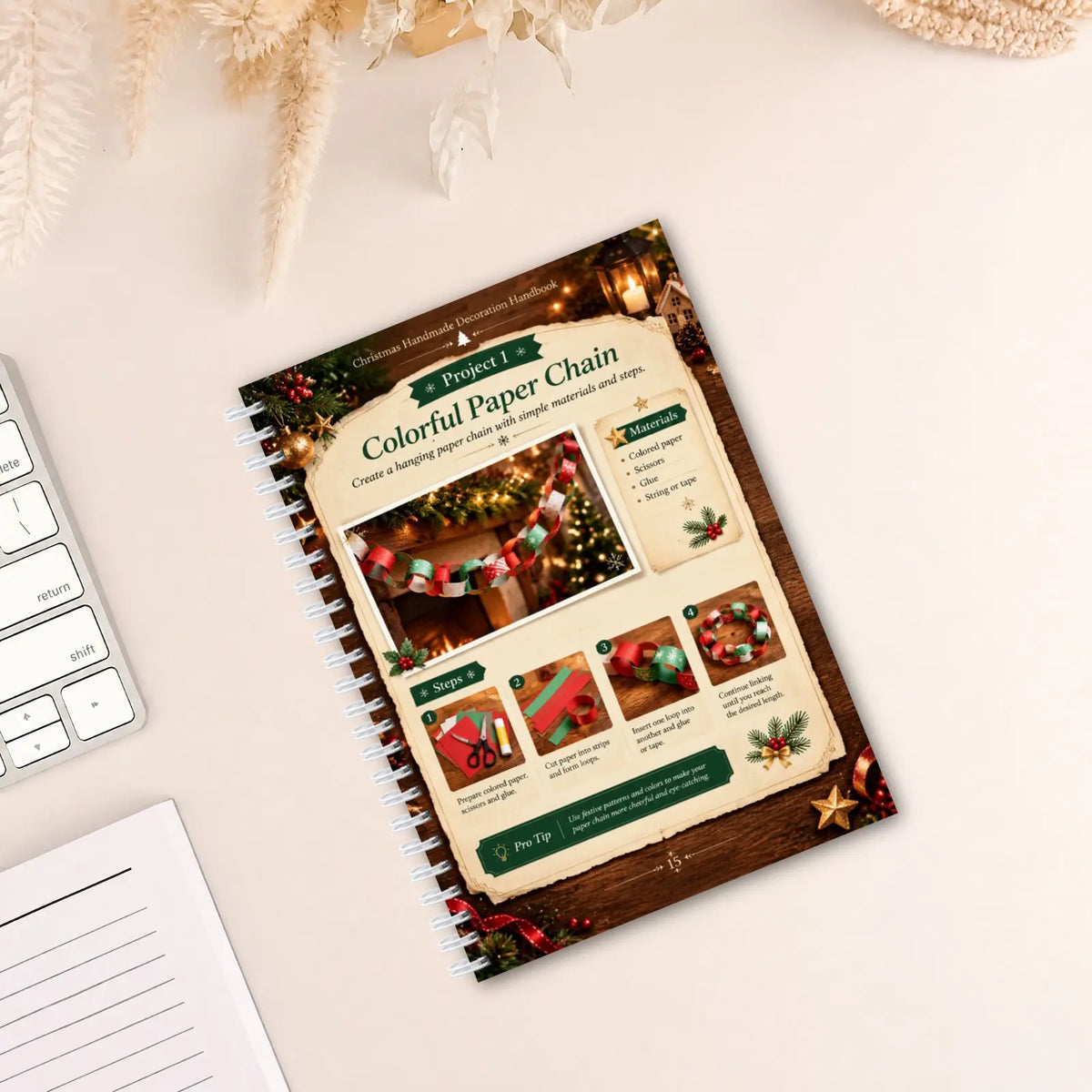 Christmas Handmade Decoration Handbook, Spiral DIY Craft Book with 22 Projects
