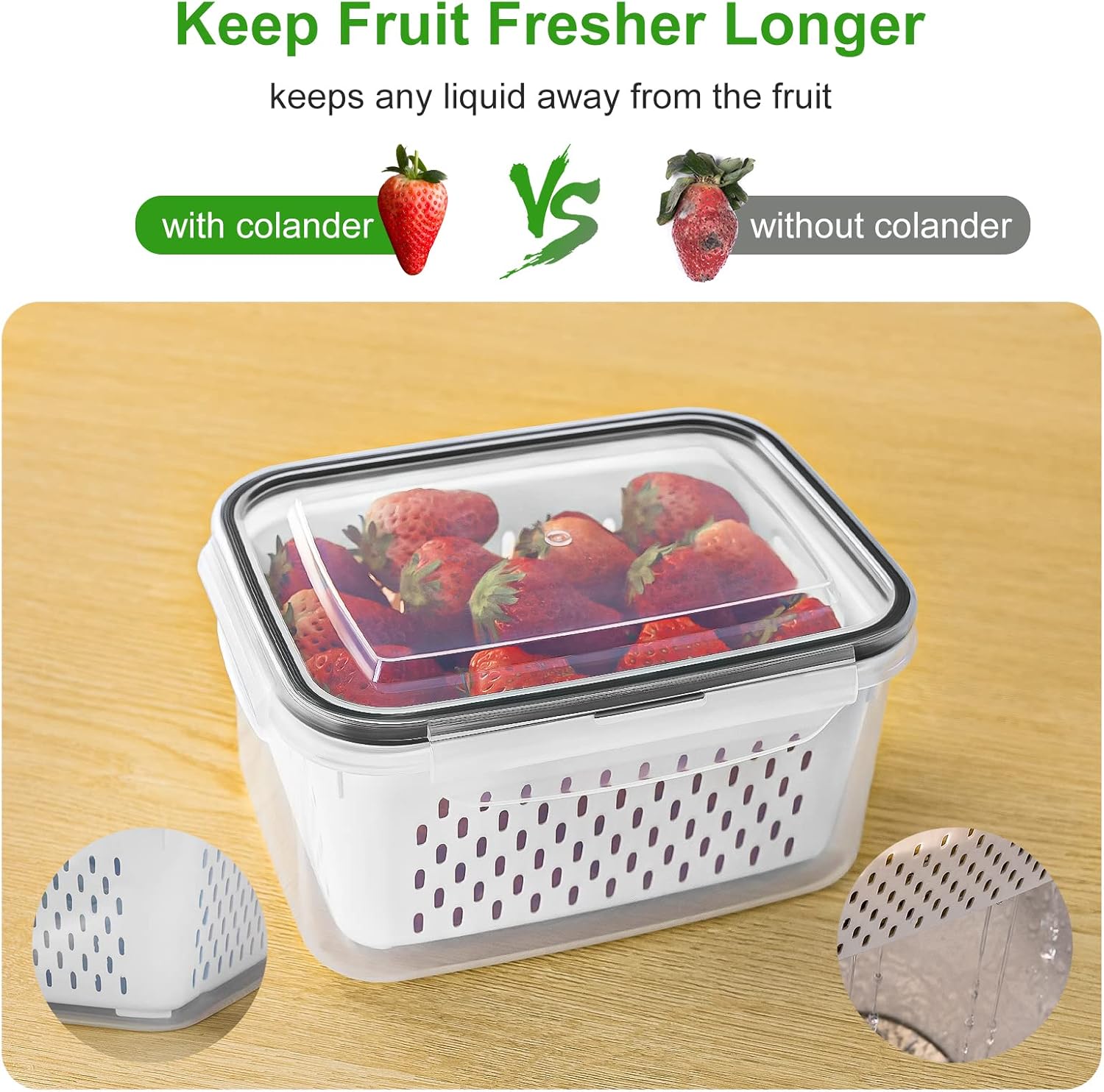 3 Pack Fridge Organizers and Storage - Stackable Fruit Storage Containers for Fridge with Removable Colander