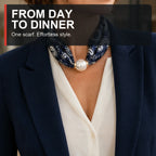 Pearl magnetic scarf styled with a navy blazer