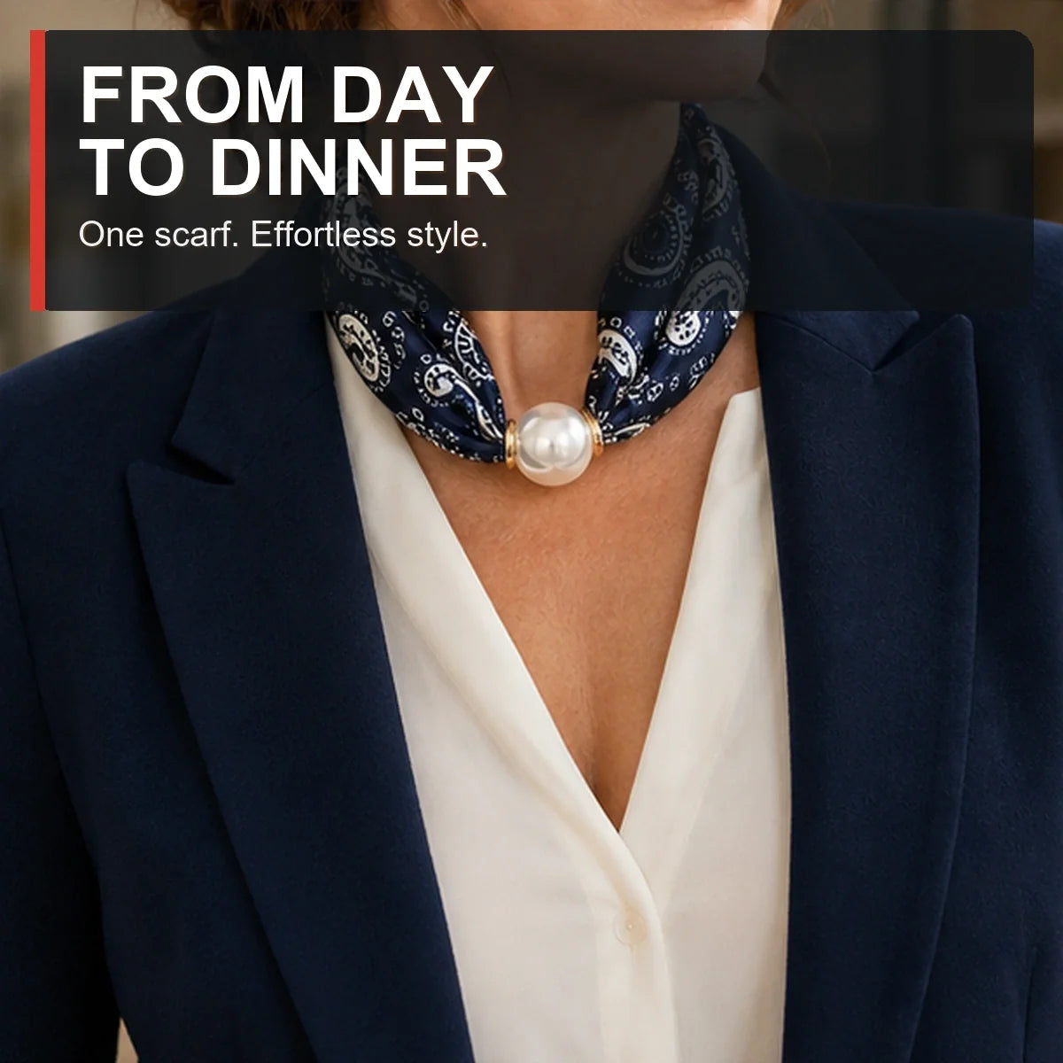 Pearl magnetic scarf styled with a navy blazer