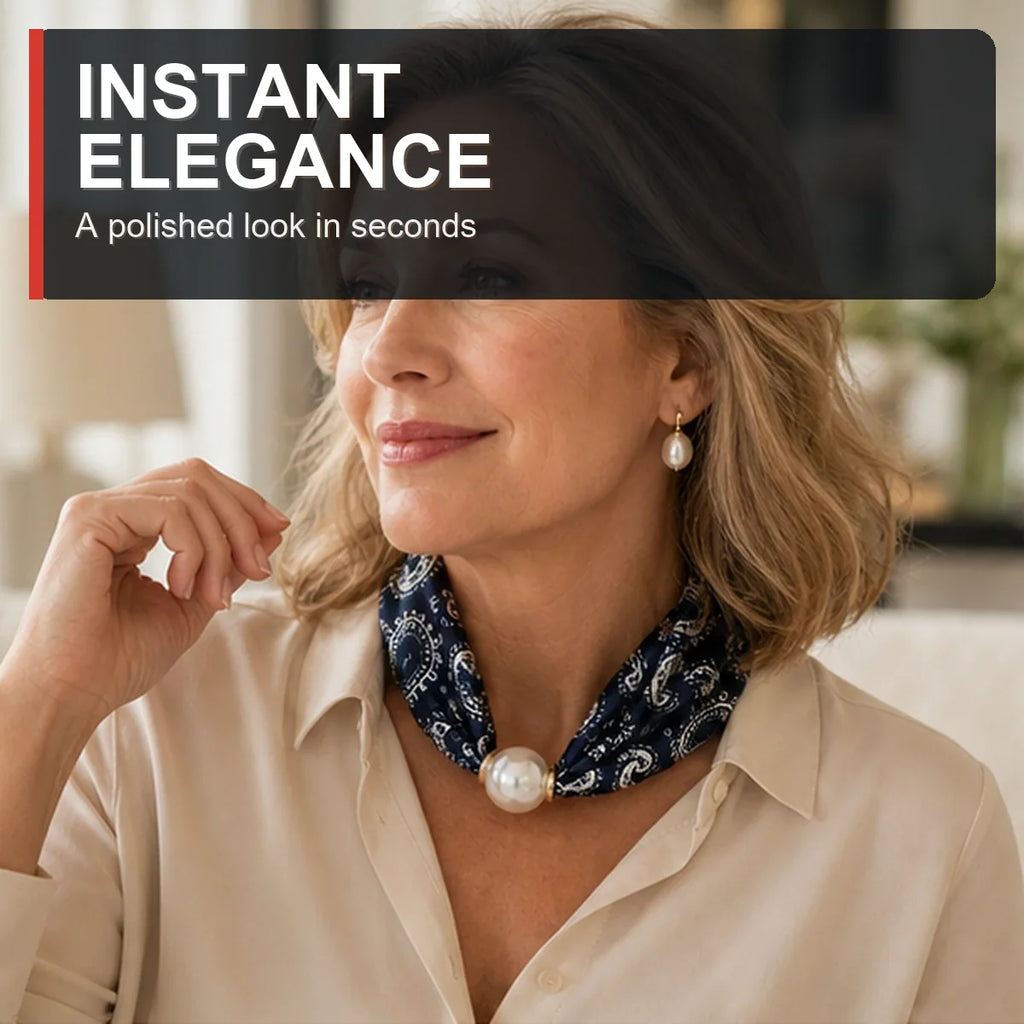 Mature woman wearing a pearl magnetic necklace scarf