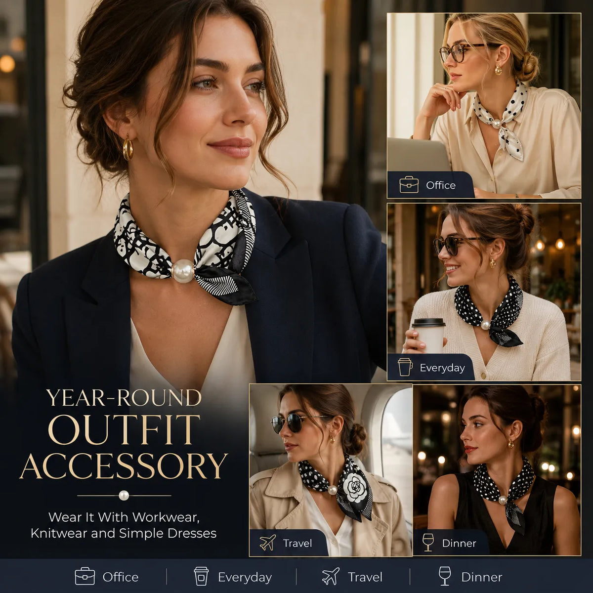 Compact close-to-neck pearl scarf length