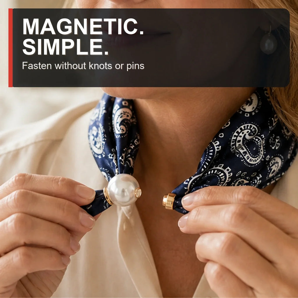 Hands fastening the magnetic pearl scarf clasp