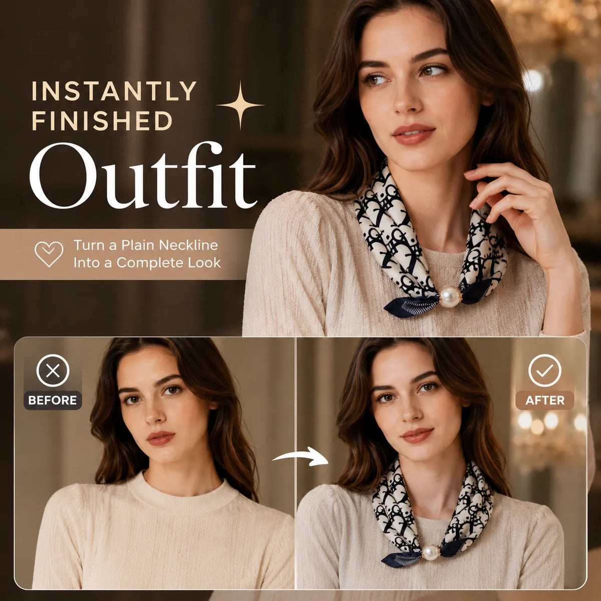 Plain neckline before and after adding a pearl magnetic scarf