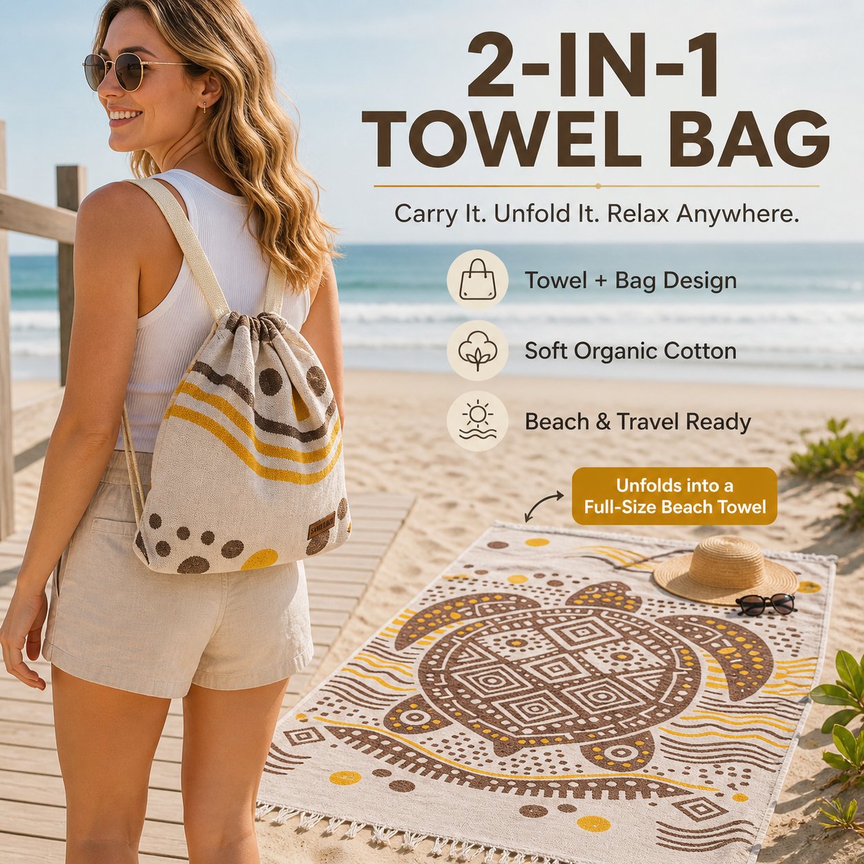 🏖️2-in-1 Turkish Cotton Towel Bag with Inner Zip Pocket & Sand-Repelling Fabric