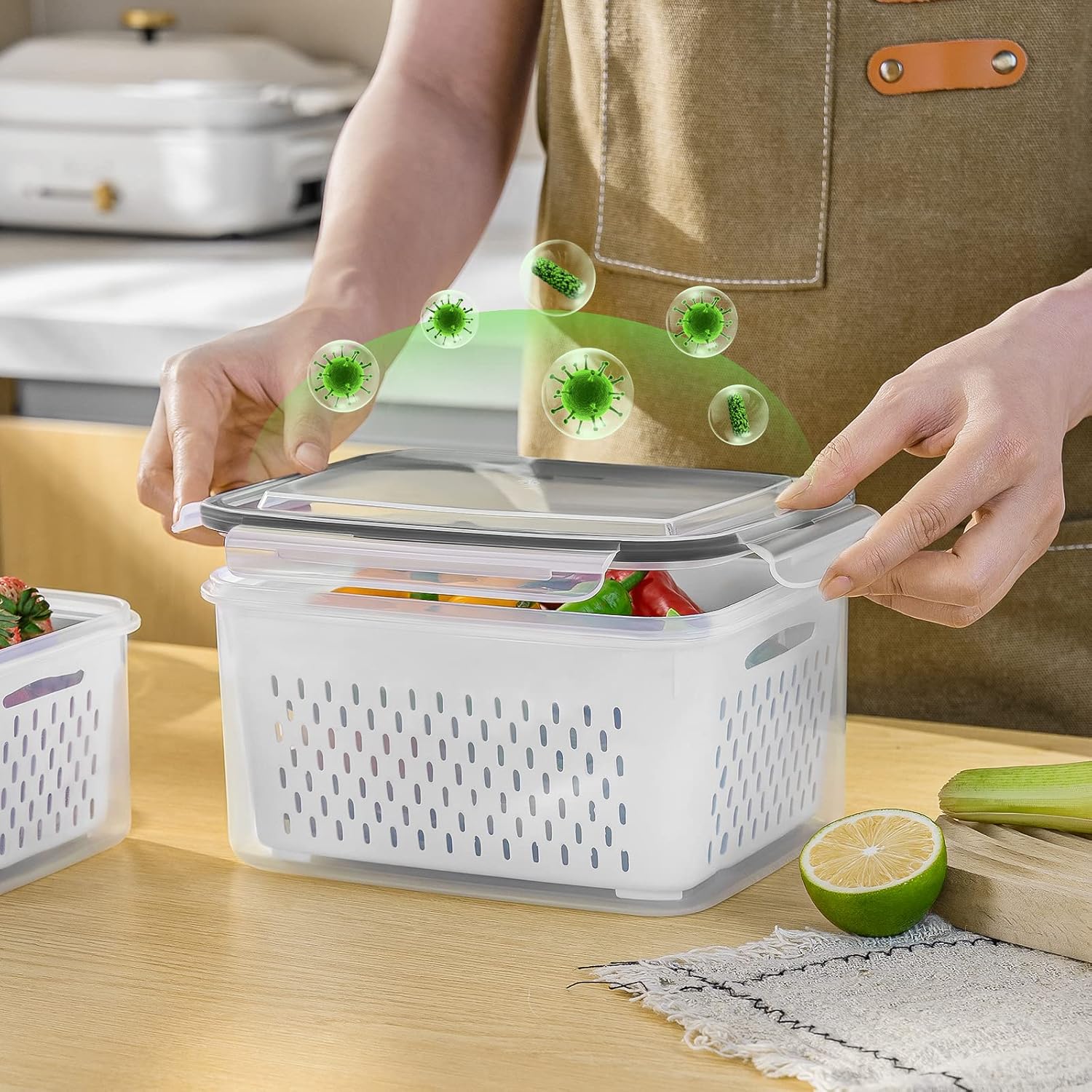 3 Pack Fridge Organizers and Storage - Stackable Fruit Storage Containers for Fridge with Removable Colander