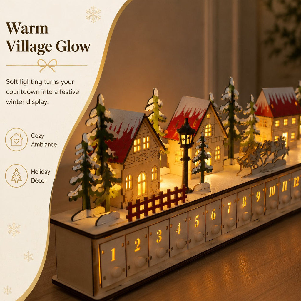 🎄 Wooden Village Advent Calendar with LED Lights — 100% Natural Polished Wood 🏠