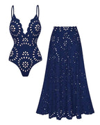 Flower Hollow One Piece Swimsuit and Skirt