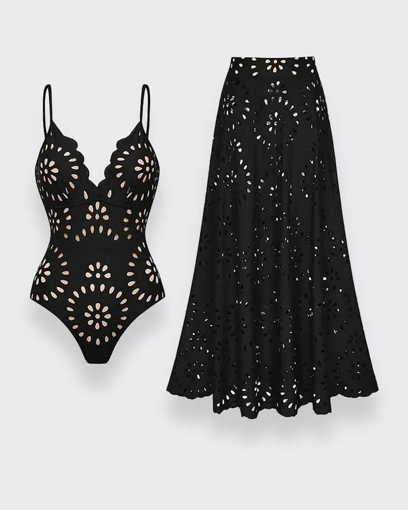 Flower Hollow One Piece Swimsuit and Skirt