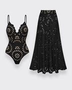 Flower Hollow One Piece Swimsuit and Skirt