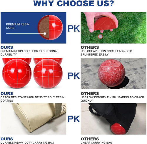 Bocce Ball Set Regulation Size and Weight for Professional Tournament, Backyard, Beach, Lawn Game with 8 Resin Bocci Balls, Pallino, Measuring Rope, Carrying Bag