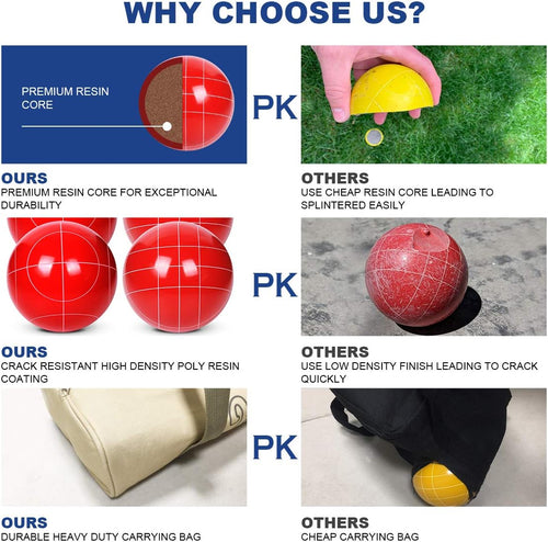 Bocce Ball Set Regulation Size and Weight for Professional Tournament, Backyard, Beach, Lawn Game with 8 Resin Bocci Balls, Pallino, Measuring Rope, Carrying Bag