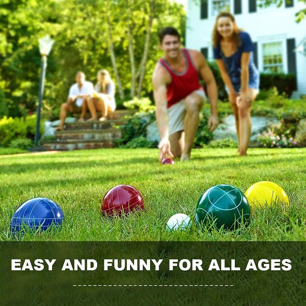 100mm Bocce Ball Set Regulation Size and Weight with 8 Resin Bochie Balls, Pallino, Carrying Bag, Measuring Rope, Gift for Family Backyard Lawn Yard Beach Bocci Games (Multi Colors, 2-8 Players)