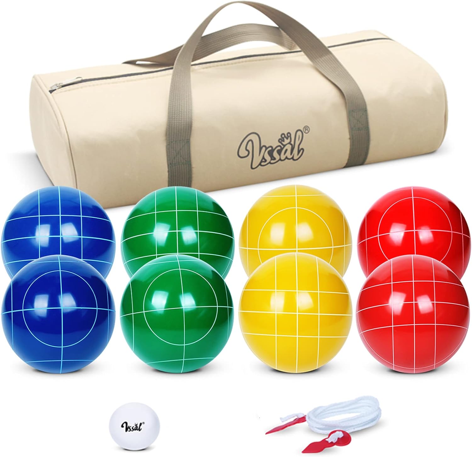 100mm Bocce Ball Set Regulation Size and Weight with 8 Resin Bochie Balls, Pallino, Carrying Bag, Measuring Rope, Gift for Family Backyard Lawn Yard Beach Bocci Games (Multi Colors, 2-8 Players)
