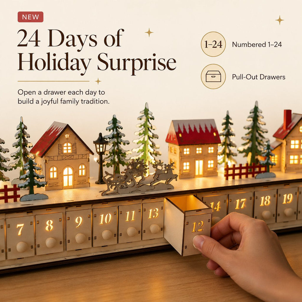 🎄 Wooden Village Advent Calendar with LED Lights — 100% Natural Polished Wood 🏠