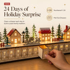🎄 Wooden Village Advent Calendar with LED Lights — 100% Natural Polished Wood 🏠