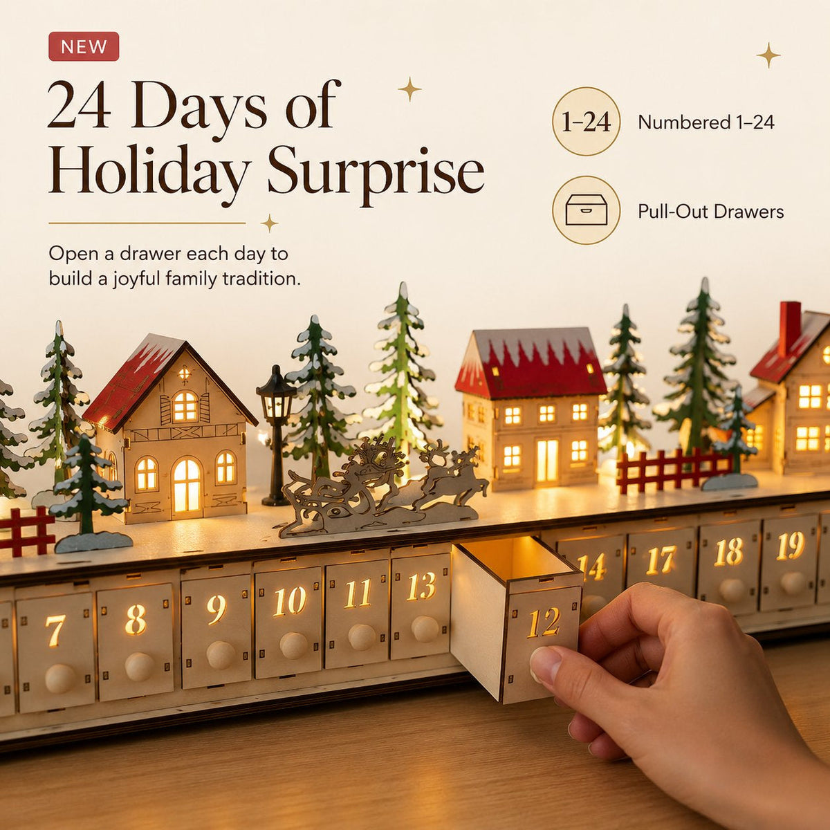 🎄 Wooden Village Advent Calendar with LED Lights — 100% Natural Polished Wood 🏠
