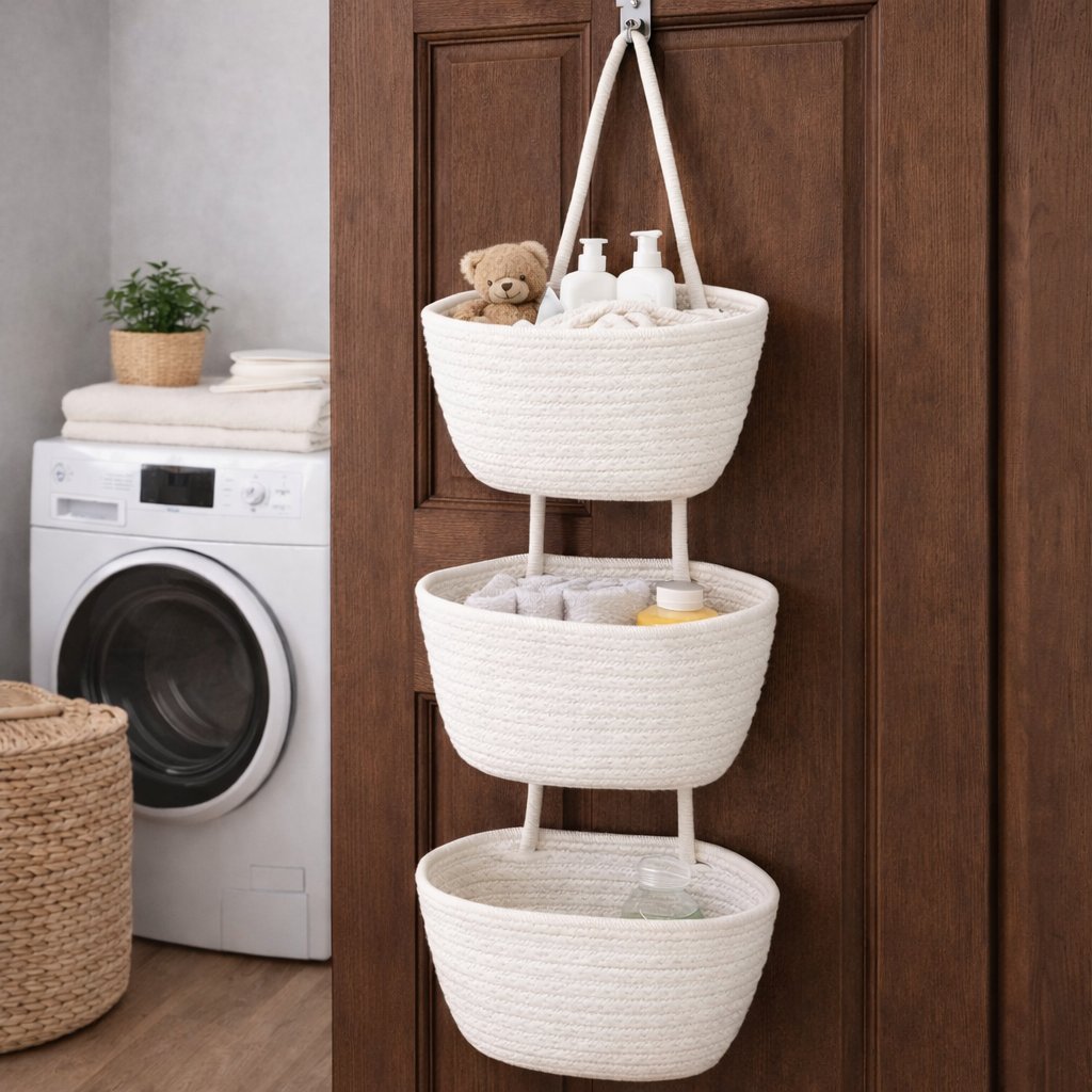 Woven cotton 3-Tier Over the Door Basket