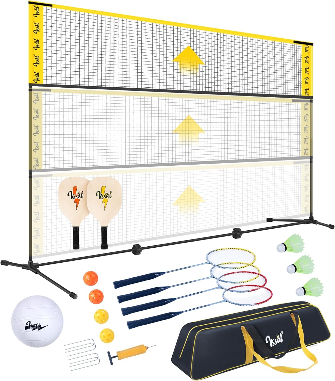3-in-1 Portable Badminton, Volleyball & Pickleball Net Set, Adjustable Height 34"–10 ft for Backyards or Beach, Outdoor Sports Combo with Carry Bag, Rackets, Paddles & Balls
