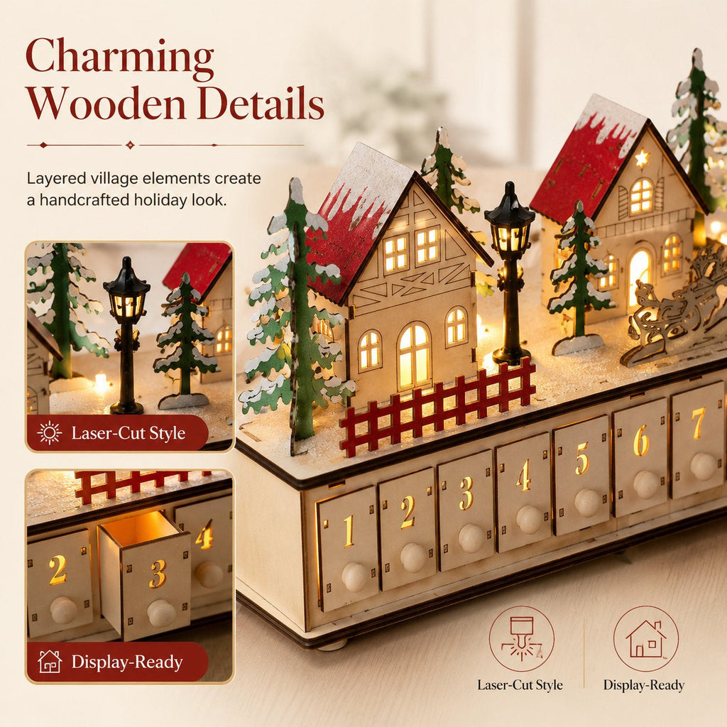 🎄 Wooden Village Advent Calendar with LED Lights — 100% Natural Polished Wood 🏠