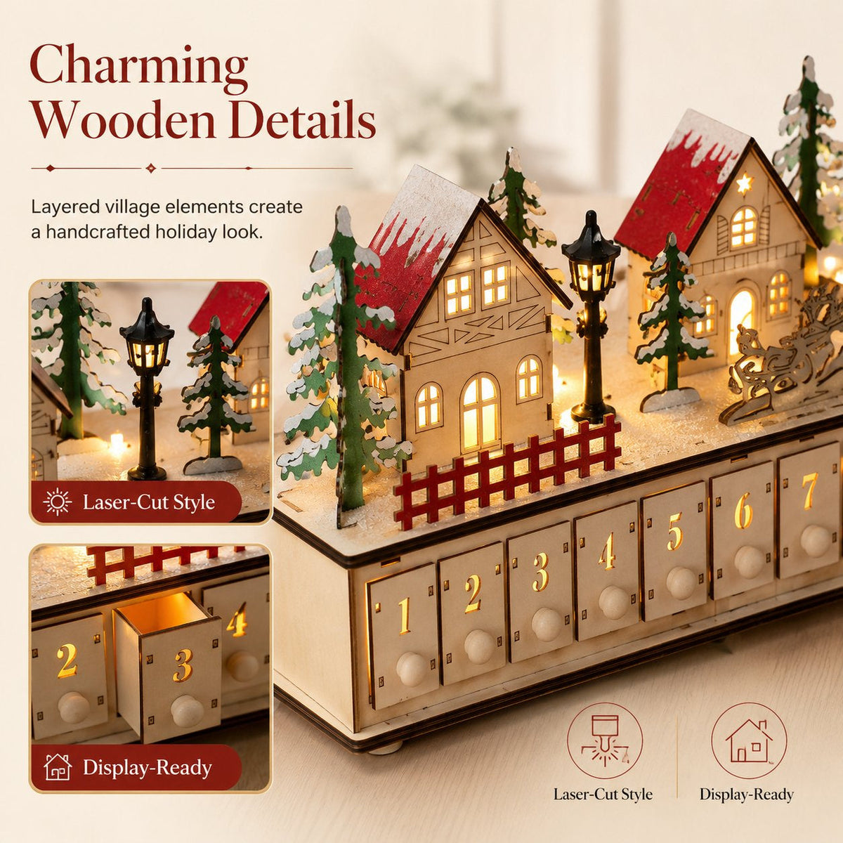 🎄 Wooden Village Advent Calendar with LED Lights — 100% Natural Polished Wood 🏠