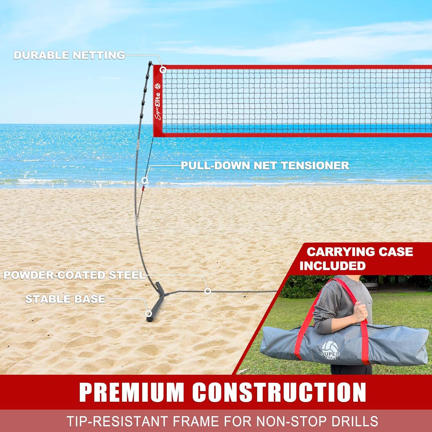 Volleyball Practice Net with with Patented 5-Height Adjustment (6'6'' to 8'), Portable Freestanding Training System for Backyard, Indoor or Outdoor, Heavy Duty & Easy Setup