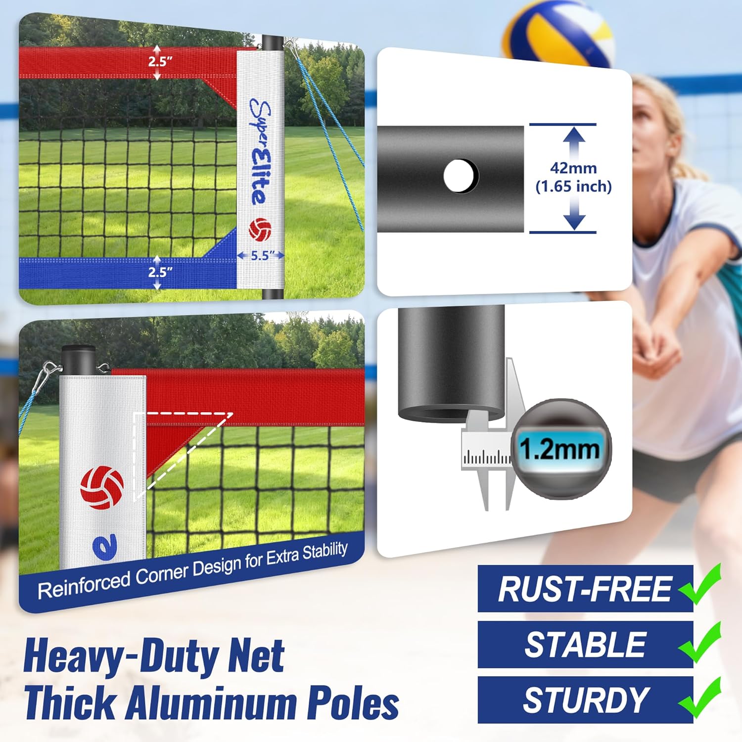 Professional Volleyball Net Set Heavy Duty for Outdoor Backyard Portable with Aluminum Scoring Poles, 32ft Regulation Nets System for Tournament, Adjustable Height and Length