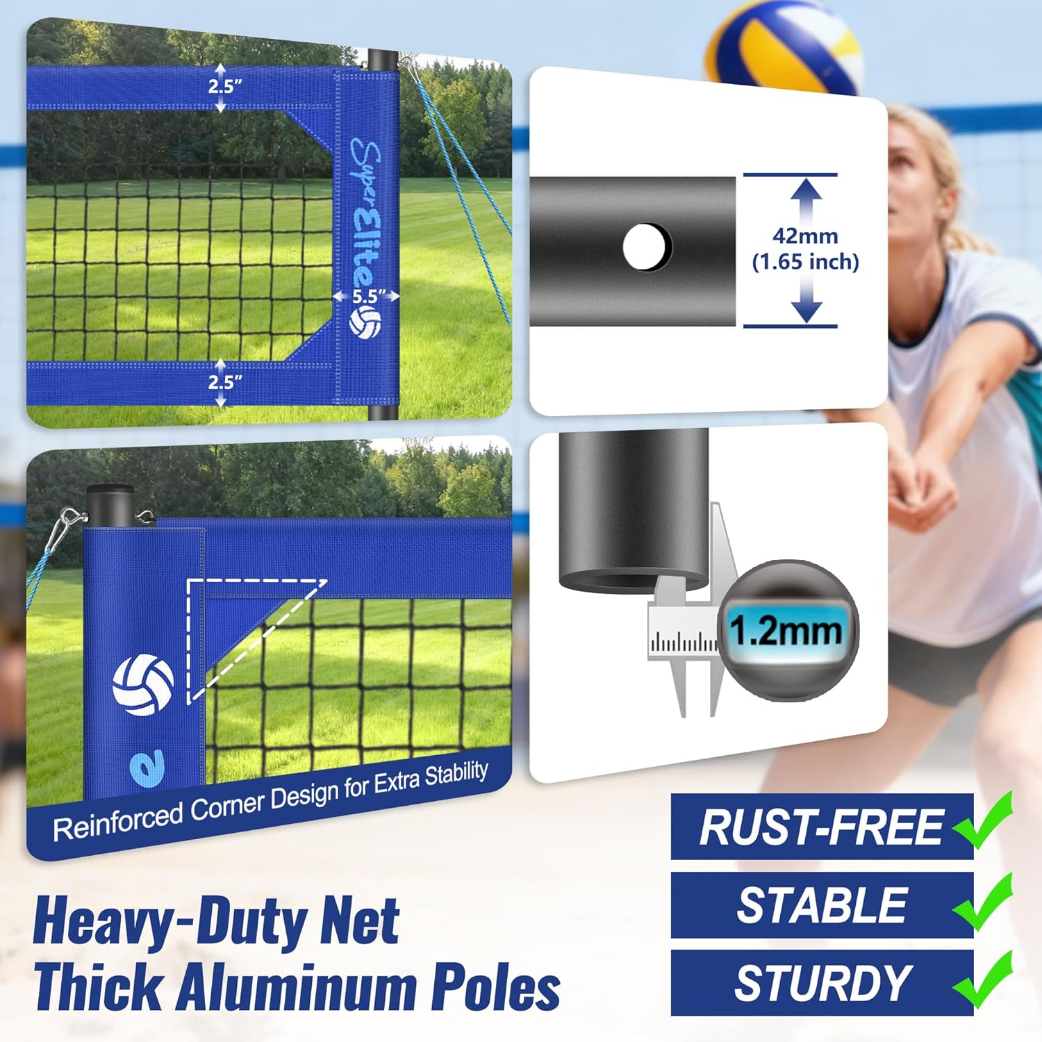 Professional Volleyball Net Set Heavy Duty for Outdoor Backyard Portable with Aluminum Scoring Poles, 32ft Regulation Nets System for Tournament, Adjustable Height and Length