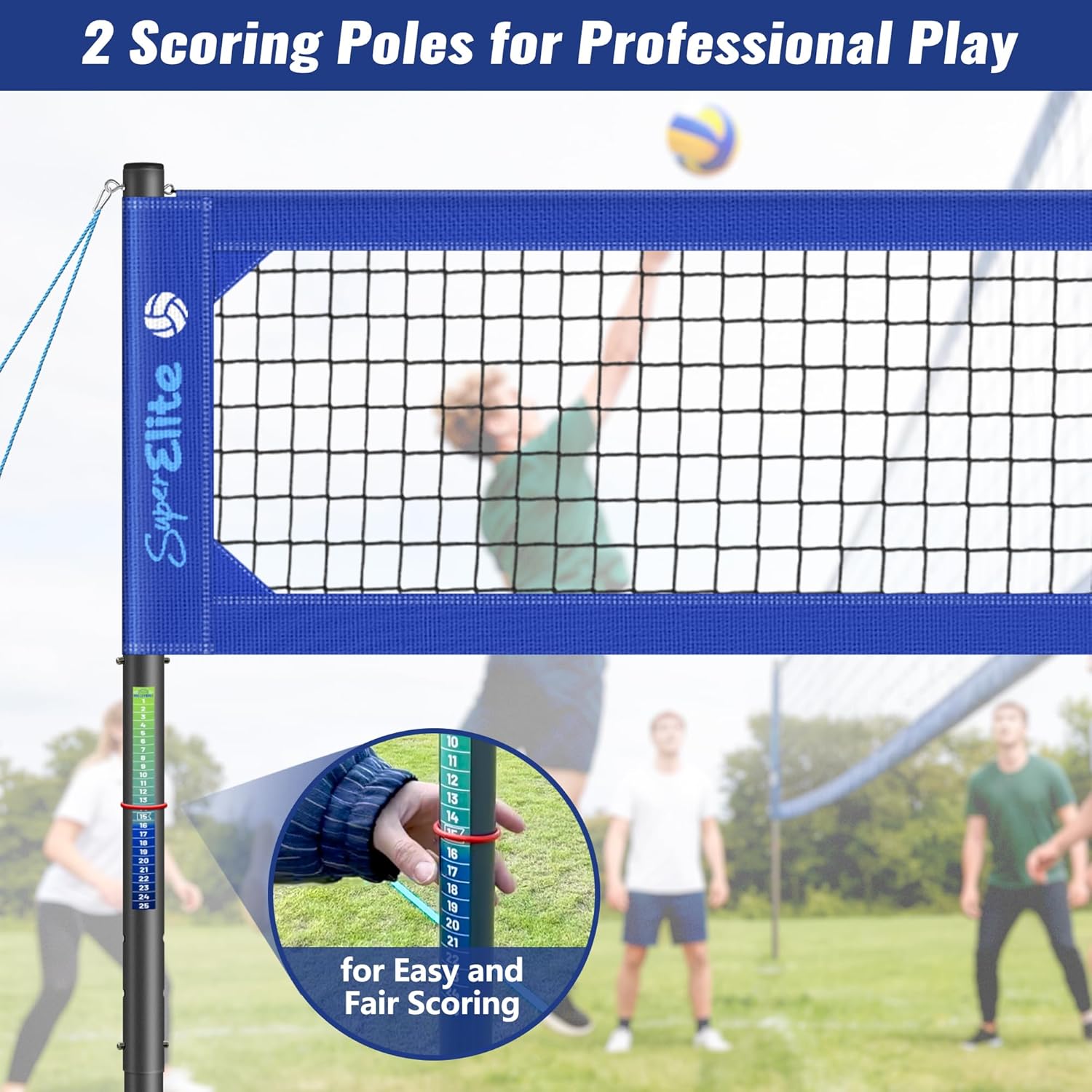 Professional Volleyball Net Set Heavy Duty for Outdoor Backyard Portable with Aluminum Scoring Poles, 32ft Regulation Nets System for Tournament, Adjustable Height and Length