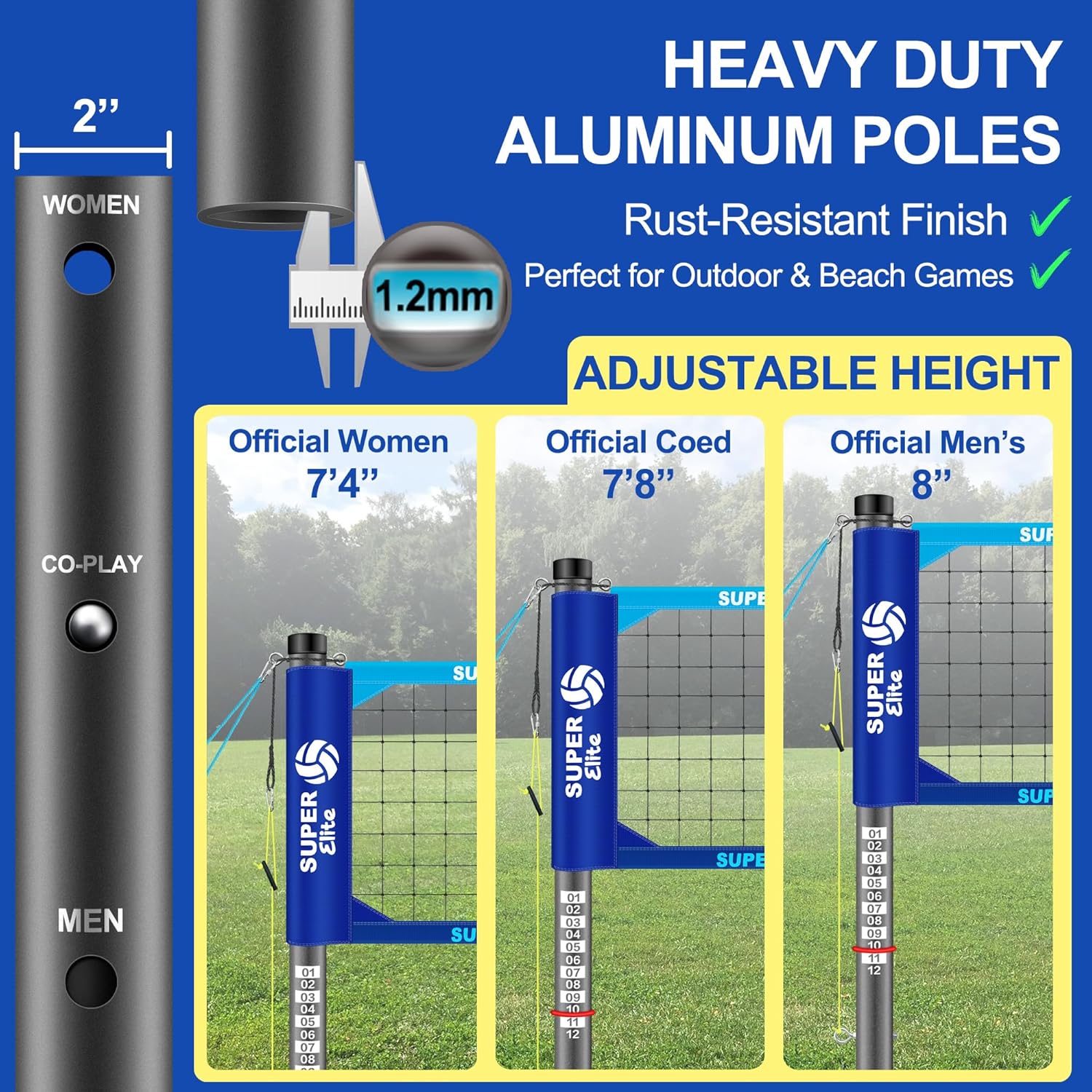 Outdoor Heavy Duty Volleyball Net Set, Anti-Sag System, Adjustable Aluminum Poles, Portable Professional 32ft Regulation Size for Backyard, Grass, Sand and Beach (Blue)