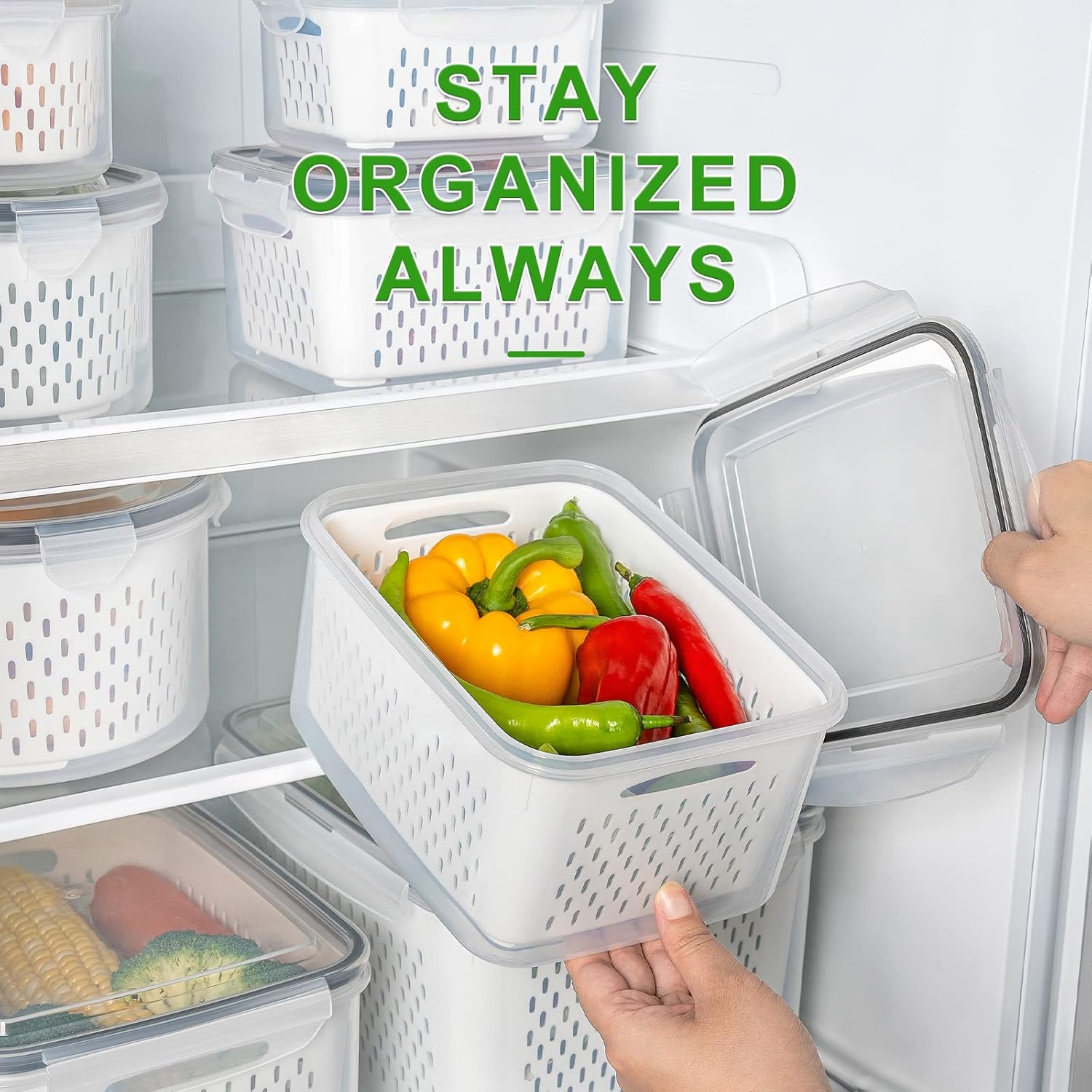 3 Pack Fridge Organizers and Storage - Stackable Fruit Storage Containers for Fridge with Removable Colander