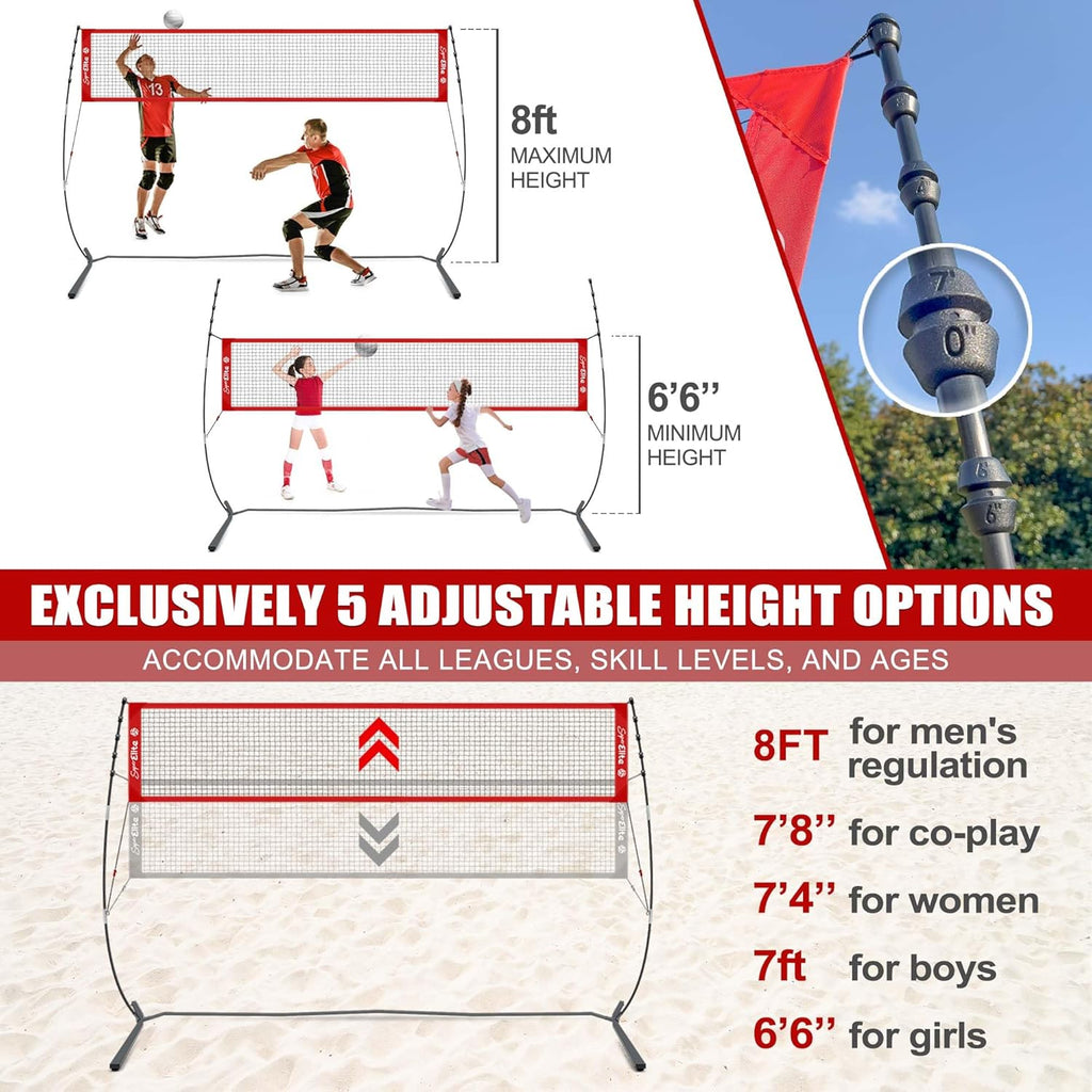 Volleyball Practice Net with with Patented 5-Height Adjustment (6'6'' to 8'), Portable Freestanding Training System for Backyard, Indoor or Outdoor, Heavy Duty & Easy Setup