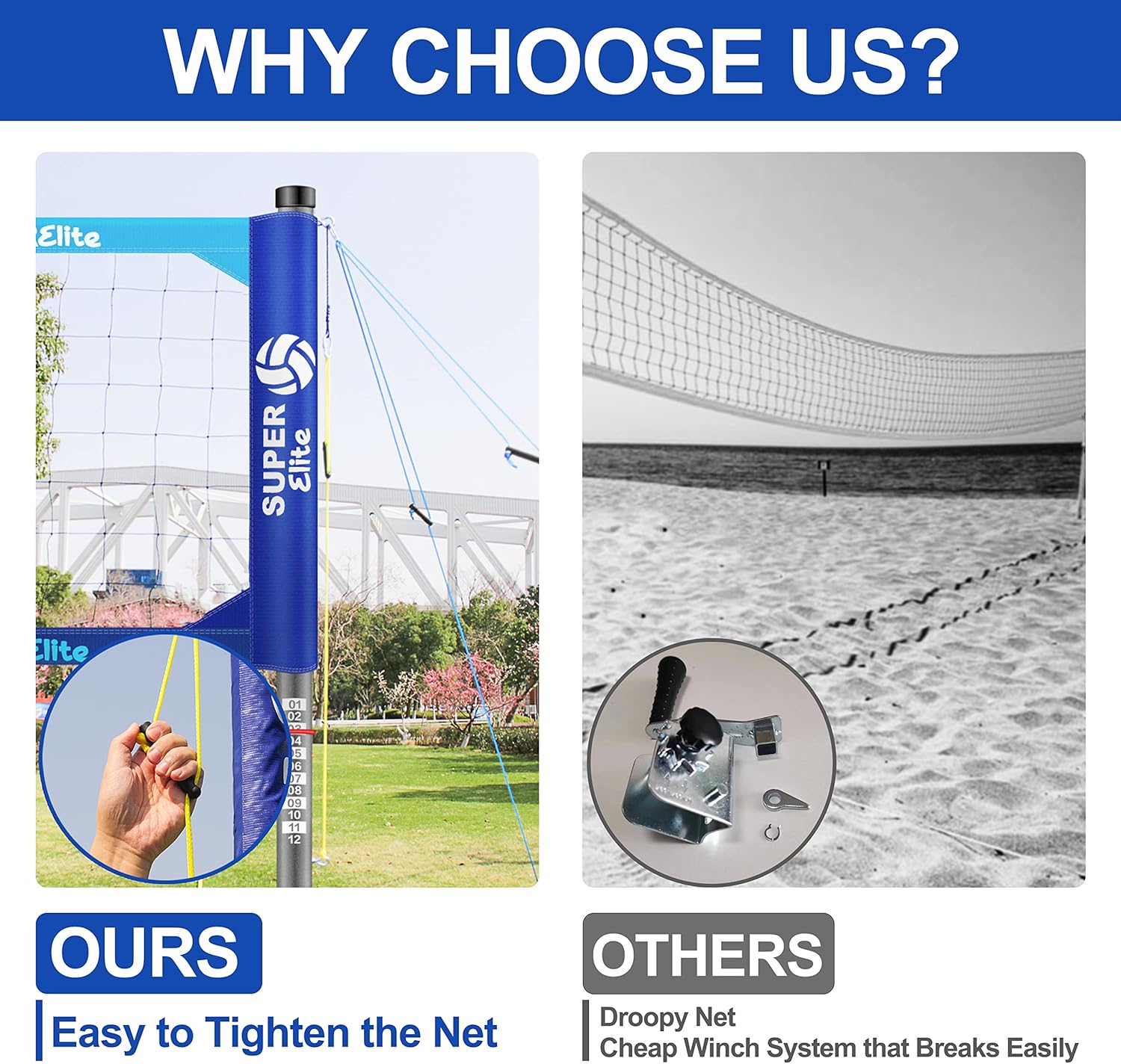 Outdoor Heavy Duty Volleyball Net Set, Anti-Sag System, Adjustable Aluminum Poles, Portable Professional 32ft Regulation Size for Backyard, Grass, Sand and Beach (Blue)