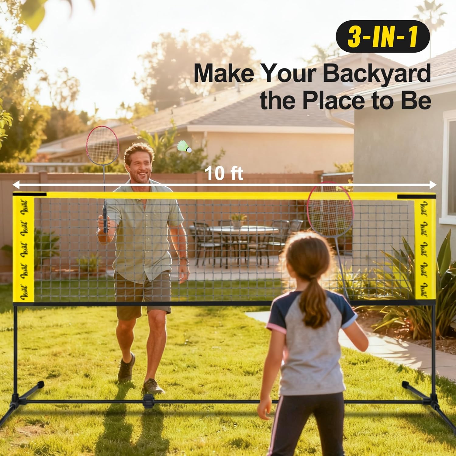 3-in-1 Portable Badminton, Volleyball & Pickleball Net Set, Adjustable Height 34"–10 ft for Backyards or Beach, Outdoor Sports Combo with Carry Bag, Rackets, Paddles & Balls