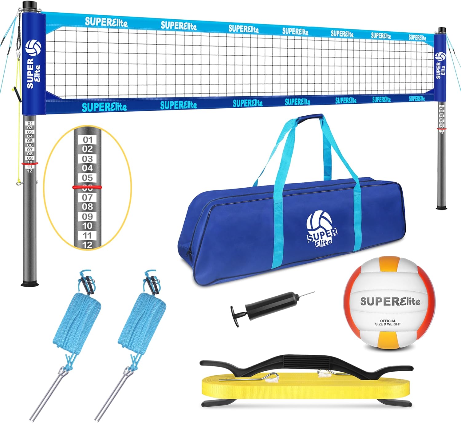 Outdoor Heavy Duty Volleyball Net Set, Anti-Sag System, Adjustable Aluminum Poles, Portable Professional 32ft Regulation Size for Backyard, Grass, Sand and Beach (Blue)