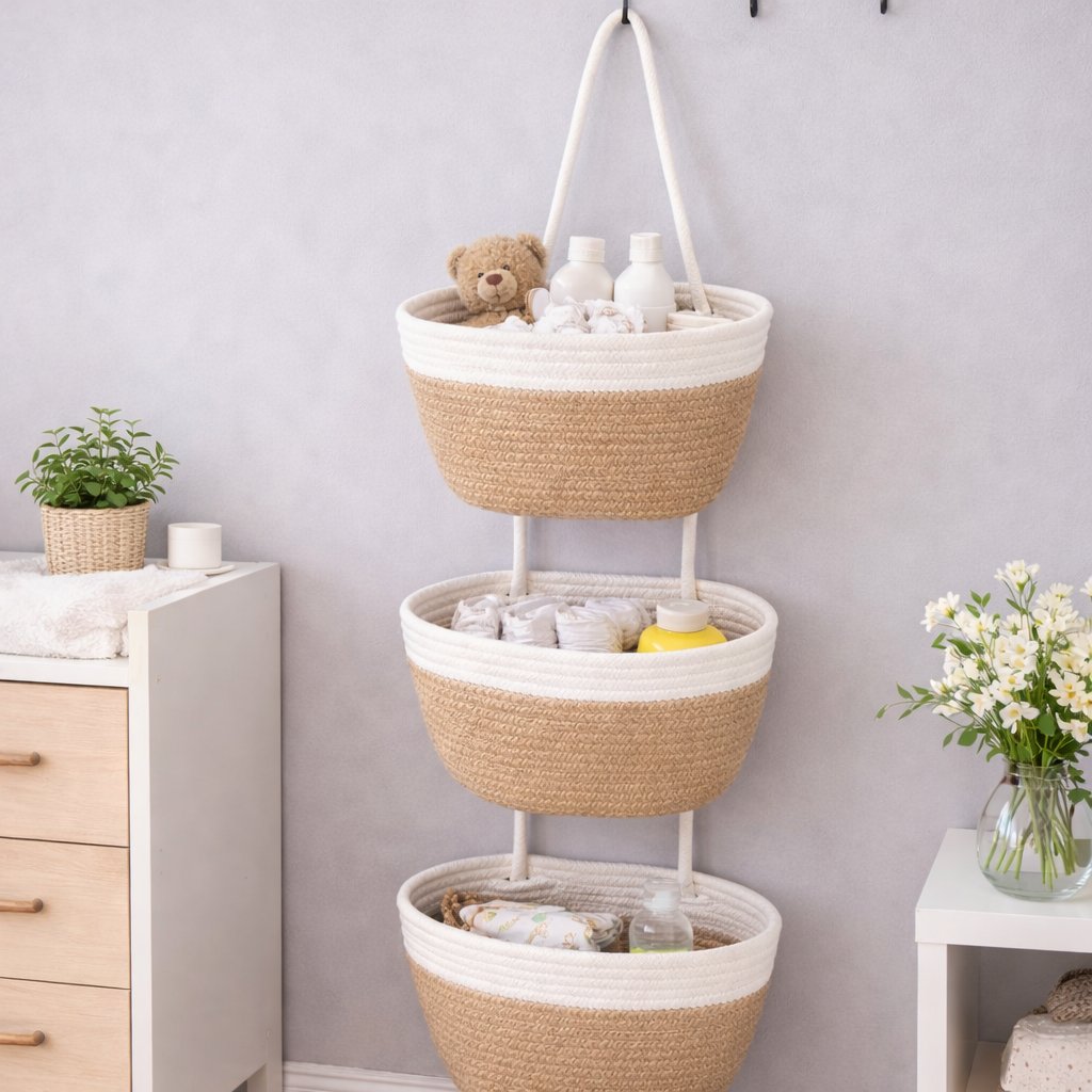 Woven cotton 3-Tier Over the Door Basket