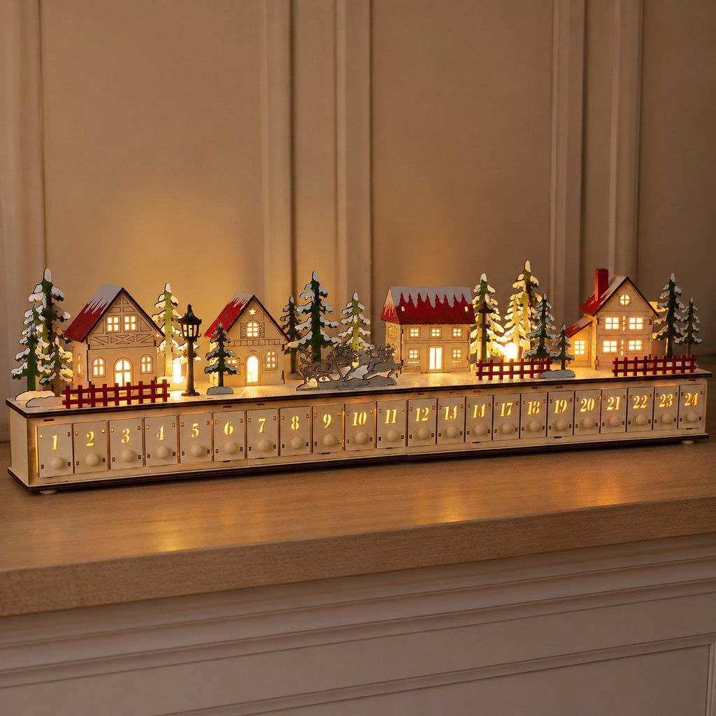 🎄 Wooden Village Advent Calendar with LED Lights — 100% Natural Polished Wood 🏠