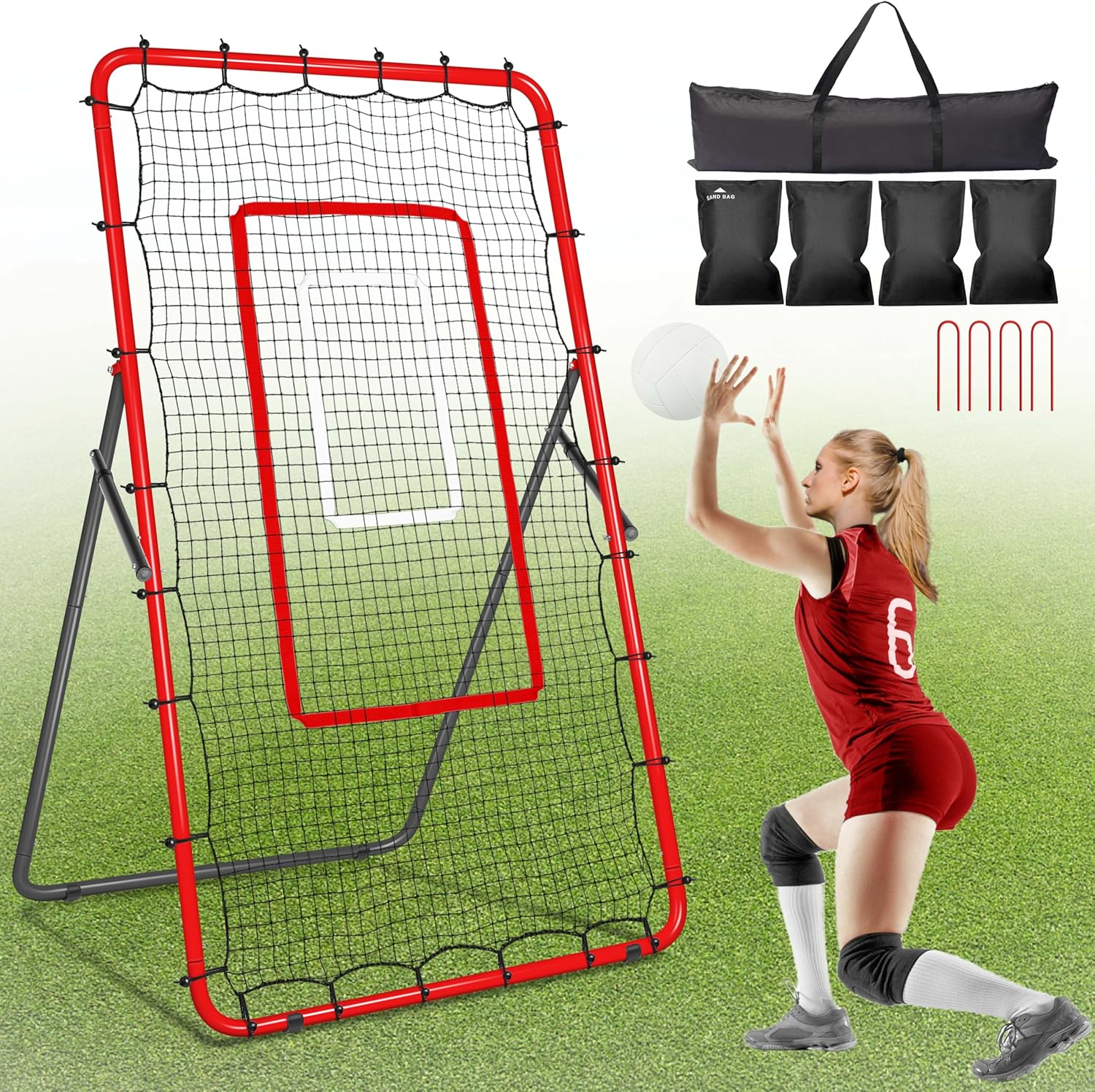 Adjustable Volleyball Rebounder Net 7x4 ft, Bounce Back Net with 4 Angles, Training Practice Equipment with Removable Target Strap, Portable with Carrying Bag