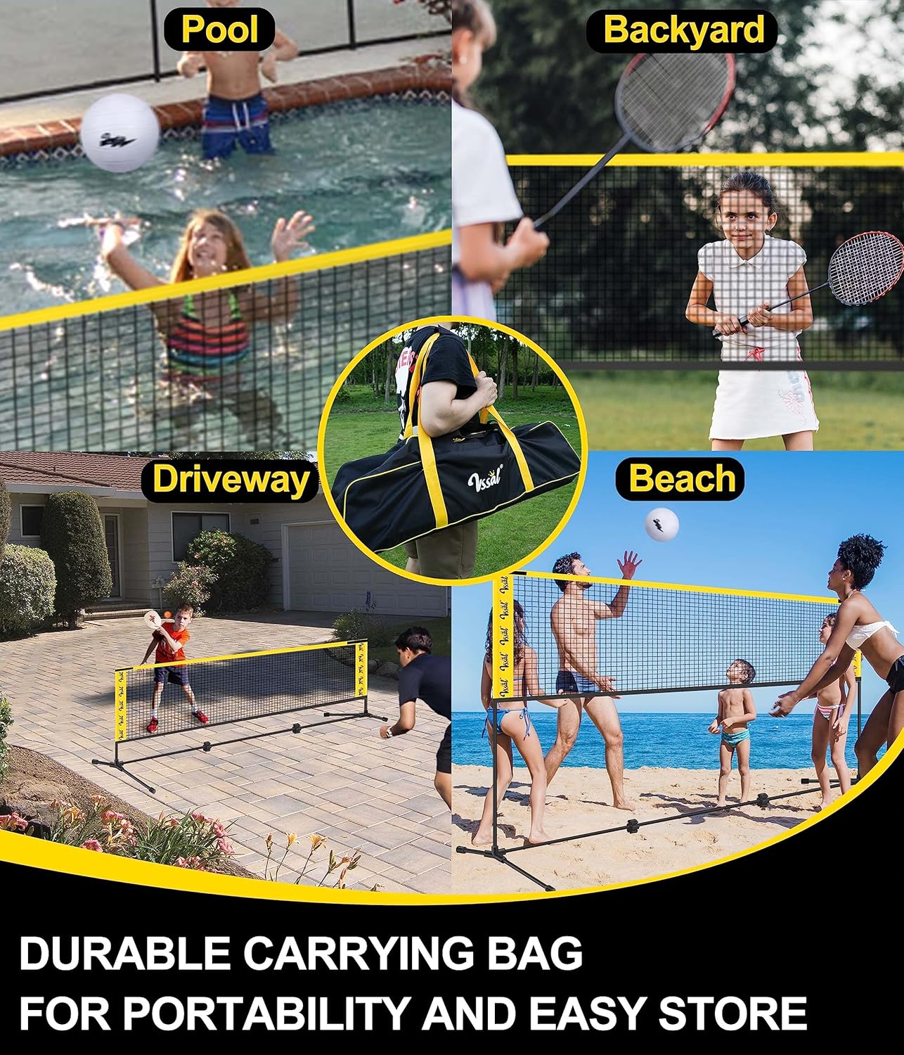 3-in-1 Portable Badminton, Volleyball & Pickleball Net Set, Adjustable Height 34"–10 ft for Backyards or Beach, Outdoor Sports Combo with Carry Bag, Rackets, Paddles & Balls
