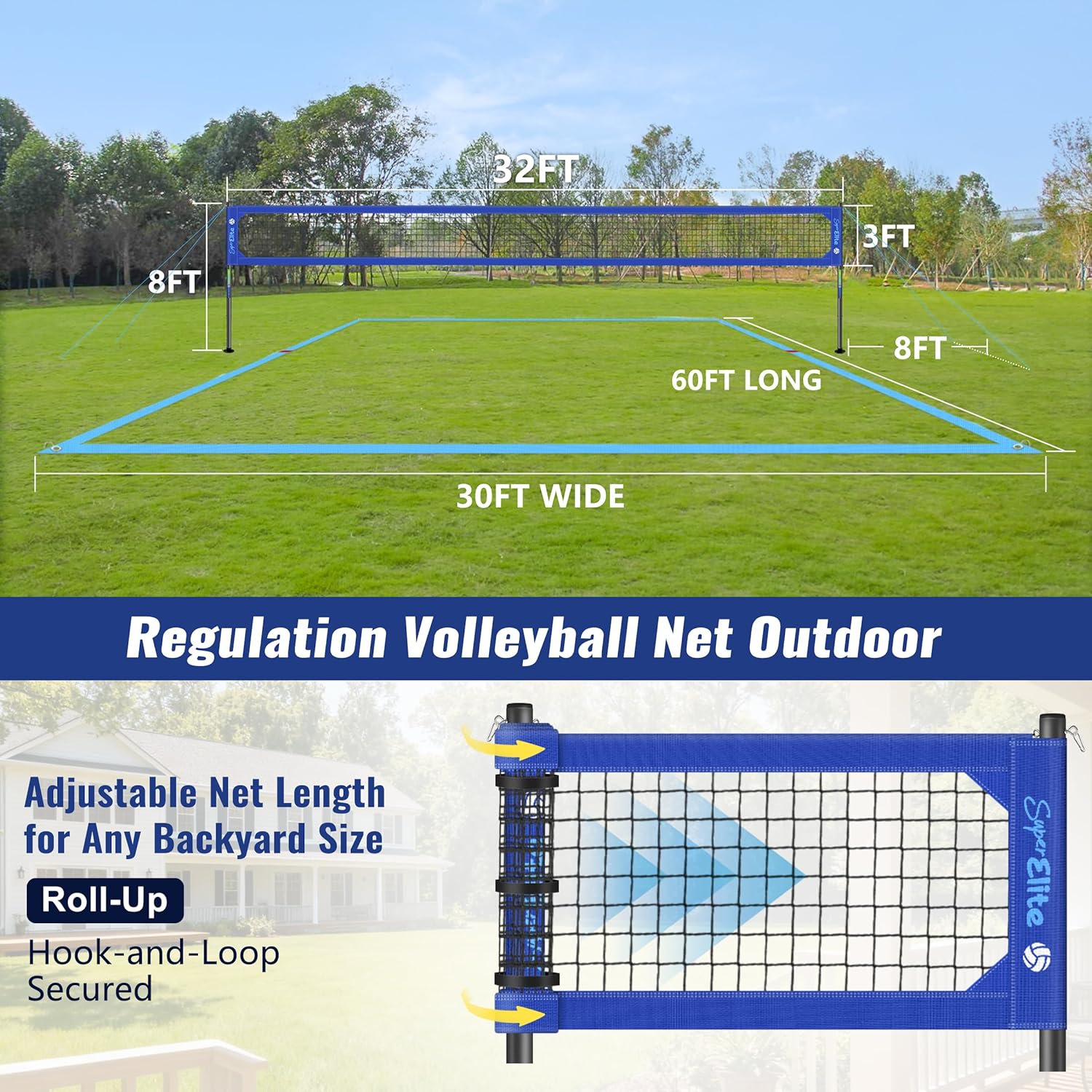 Professional Volleyball Net Set Heavy Duty for Outdoor Backyard Portable with Aluminum Scoring Poles, 32ft Regulation Nets System for Tournament, Adjustable Height and Length