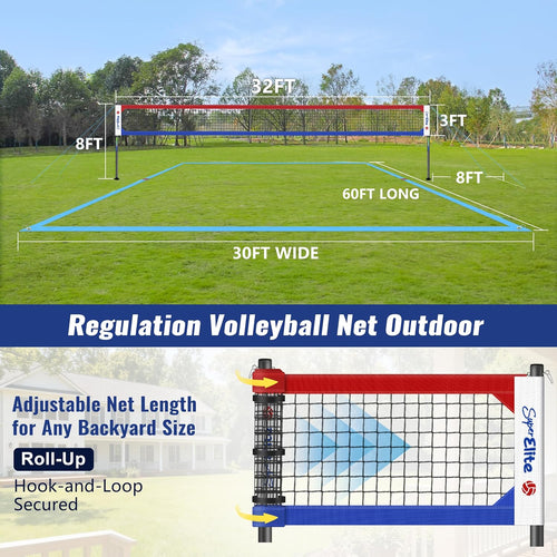 Professional Volleyball Net Set Heavy Duty for Outdoor Backyard Portable with Aluminum Scoring Poles, 32ft Regulation Nets System for Tournament, Adjustable Height and Length