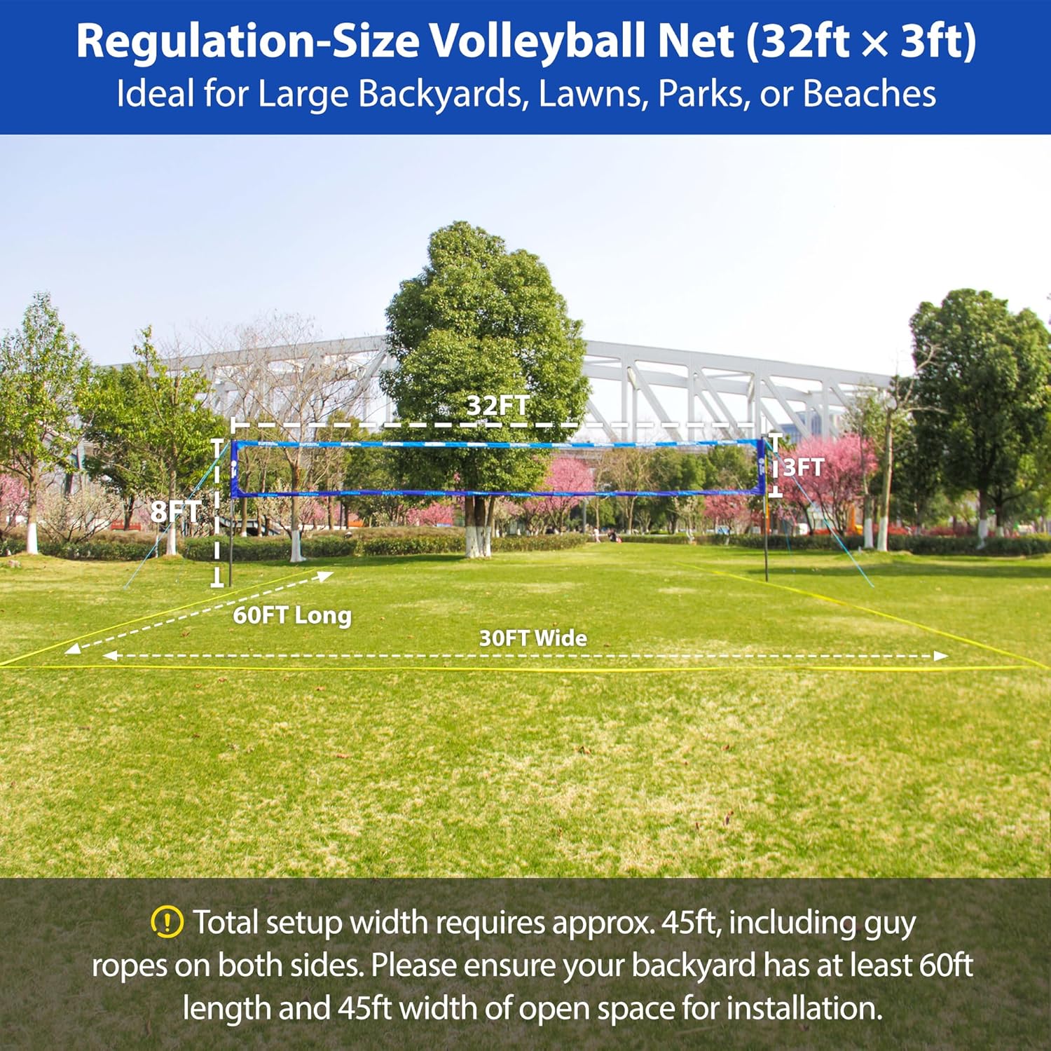 Outdoor Heavy Duty Volleyball Net Set, Anti-Sag System, Adjustable Aluminum Poles, Portable Professional 32ft Regulation Size for Backyard, Grass, Sand and Beach (Blue)