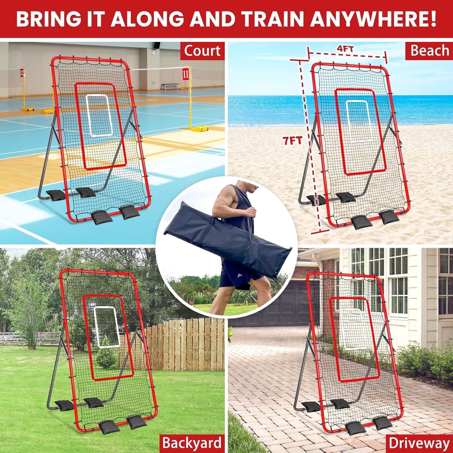 Adjustable Volleyball Rebounder Net 7x4 ft, Bounce Back Net with 4 Angles, Training Practice Equipment with Removable Target Strap, Portable with Carrying Bag