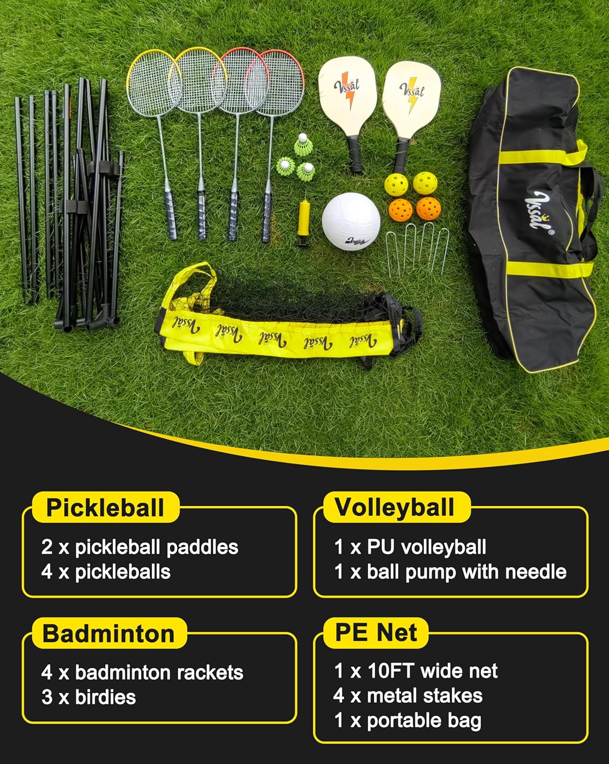 3-in-1 Portable Badminton, Volleyball & Pickleball Net Set, Adjustable Height 34"–10 ft for Backyards or Beach, Outdoor Sports Combo with Carry Bag, Rackets, Paddles & Balls